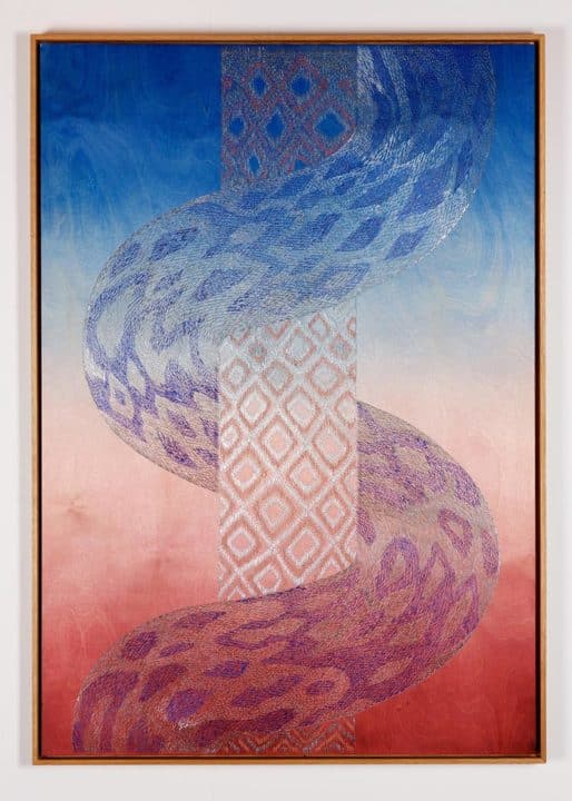Sasha Huber's work: Mami Wata, metal staples on wood, oak frame, 83 cm x 118 cm