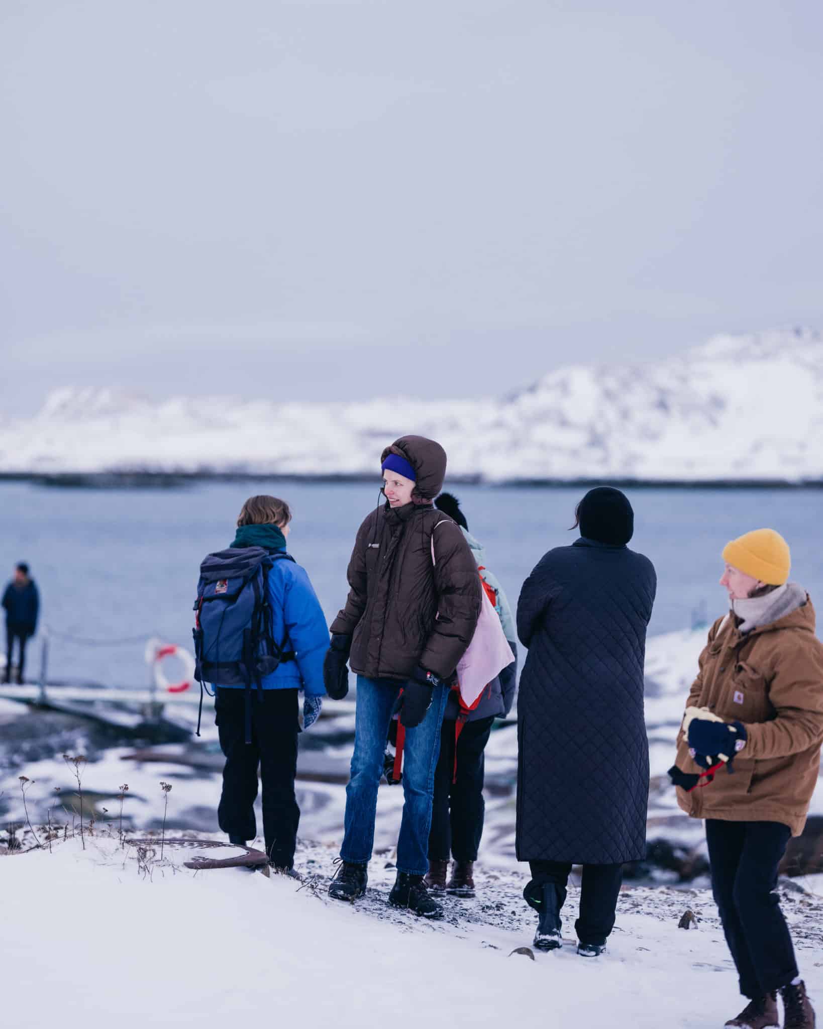 Group of people standing in front of a wintery fjord.