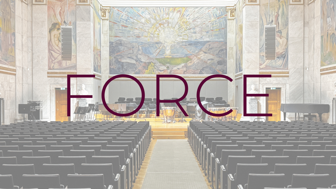 Picture showing the University Aula, Oslo, with text reading "FORCE" over it.