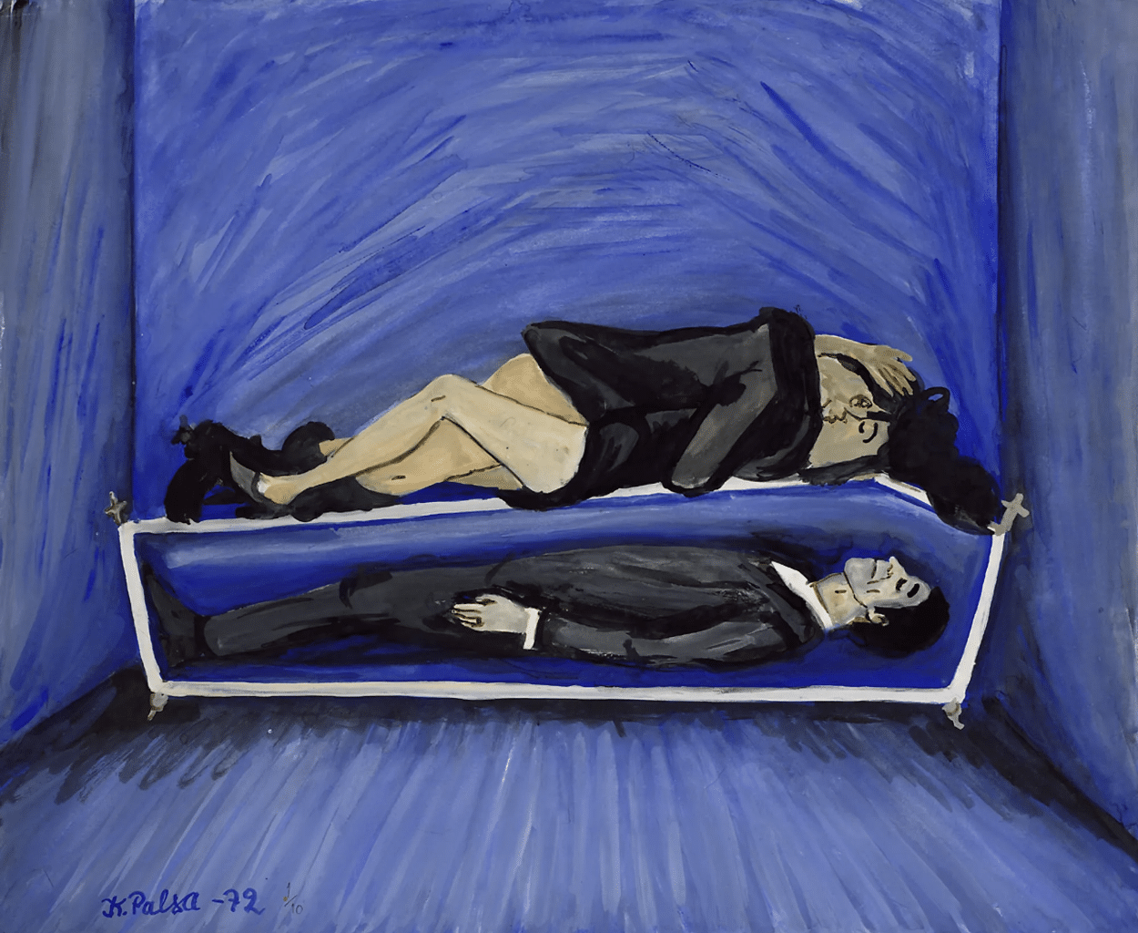 A painting of a man laying inside a coffin. Two people are laying on top of the coffin kissing each other. Jealousy is the name of the painting.