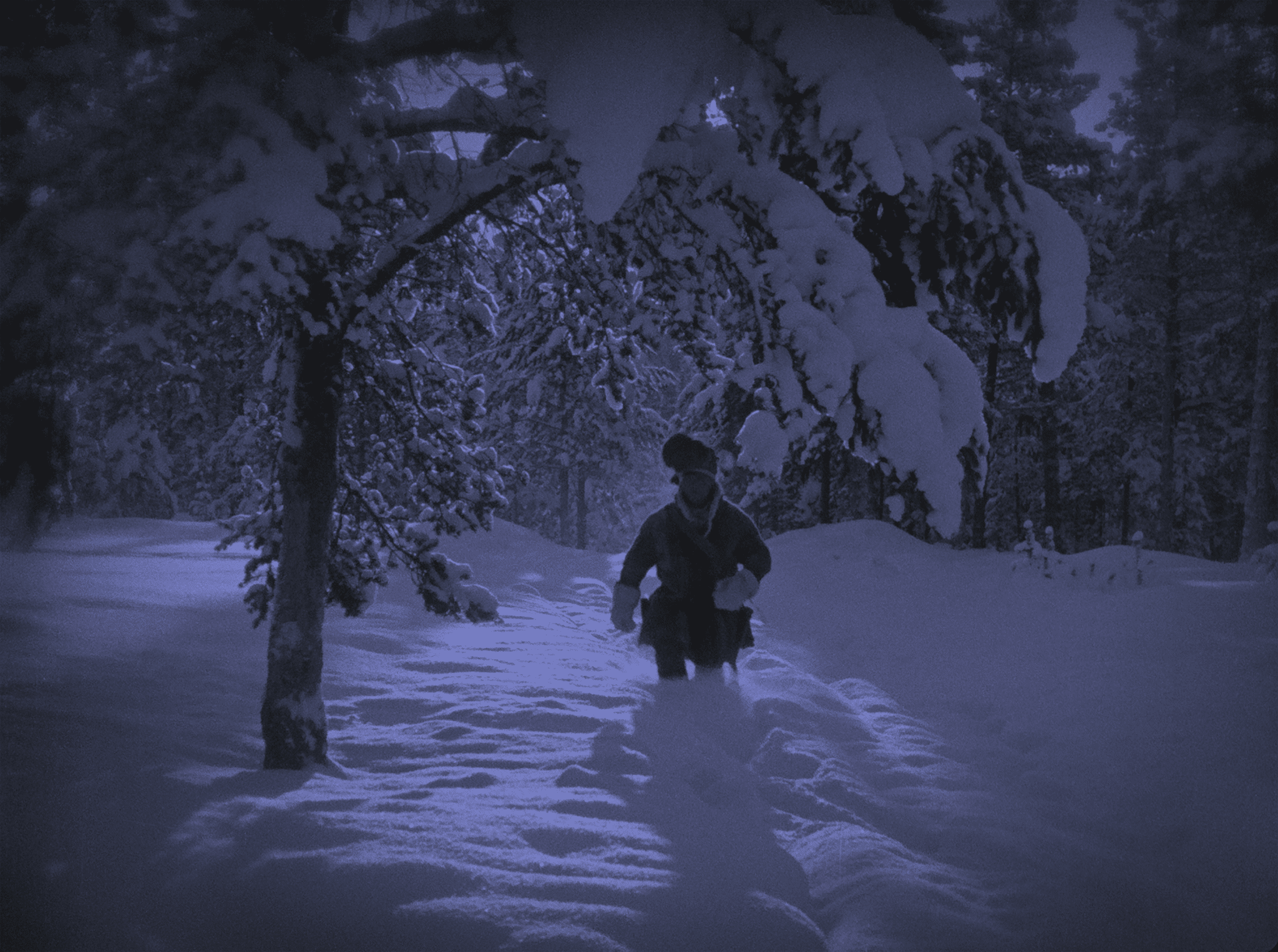 Sámi man walking in snowy forest