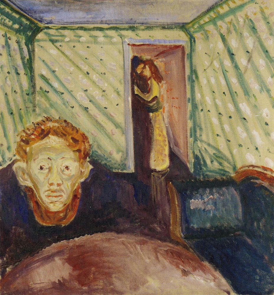 A painting of a man sitting at a table. In the background there is two people leaning against the doorway kissing each other. The painting is called jealousy.